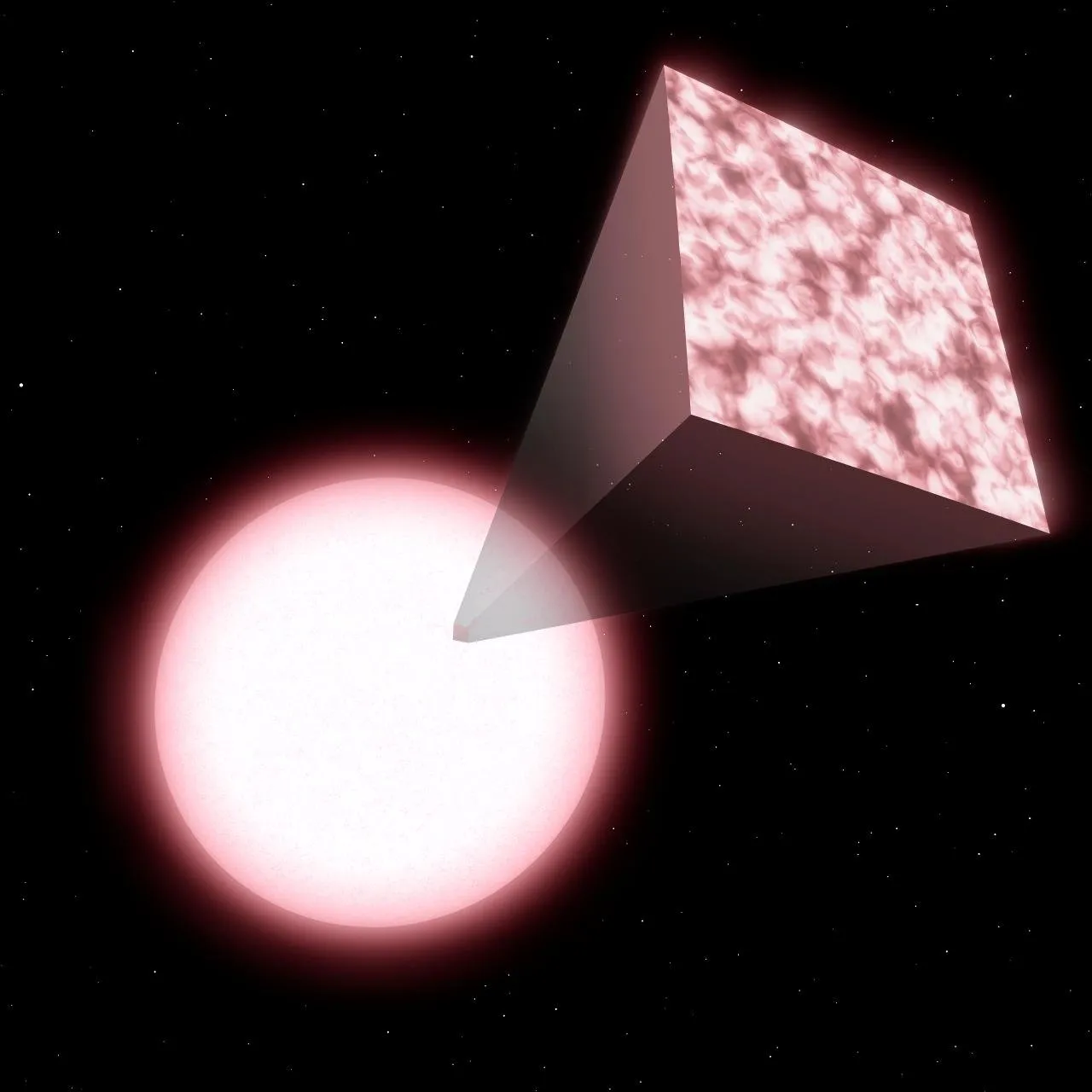 Illustration of a pink glowing star with a cube showing the texture of its surface