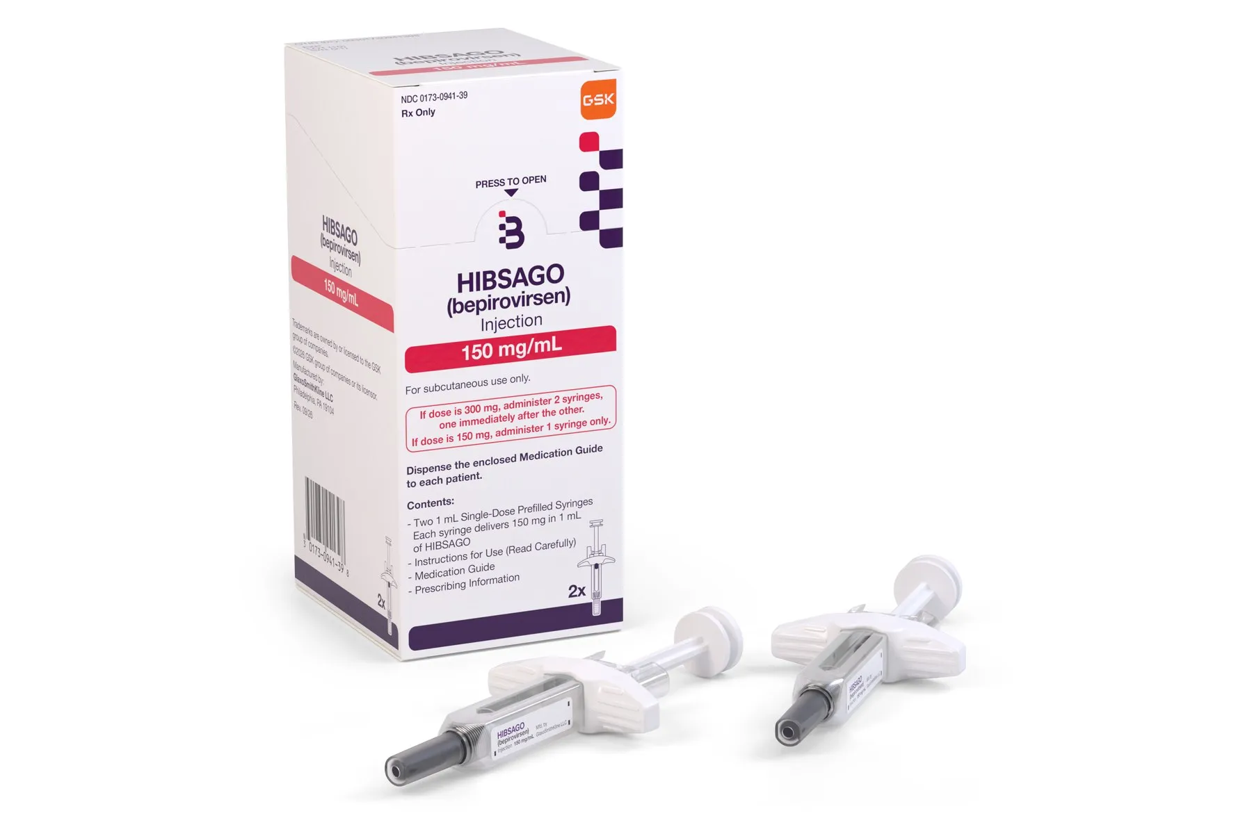 White box of Hibsago (bepirovirsen) injection, 150 mg/mL, next to two prefilled syringes