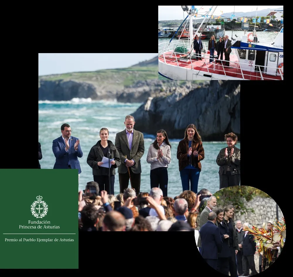 Collage of three photos from the visit: the royal family and other officials applaud on a stage by the sea, the royal family on the deck of a fishing boat, and a group in traditional dress on a street in Llanes