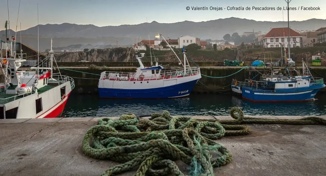Fishing boats moored in the port of Llanes at dawn, with a coiled green rope on the quay and mountains in the background