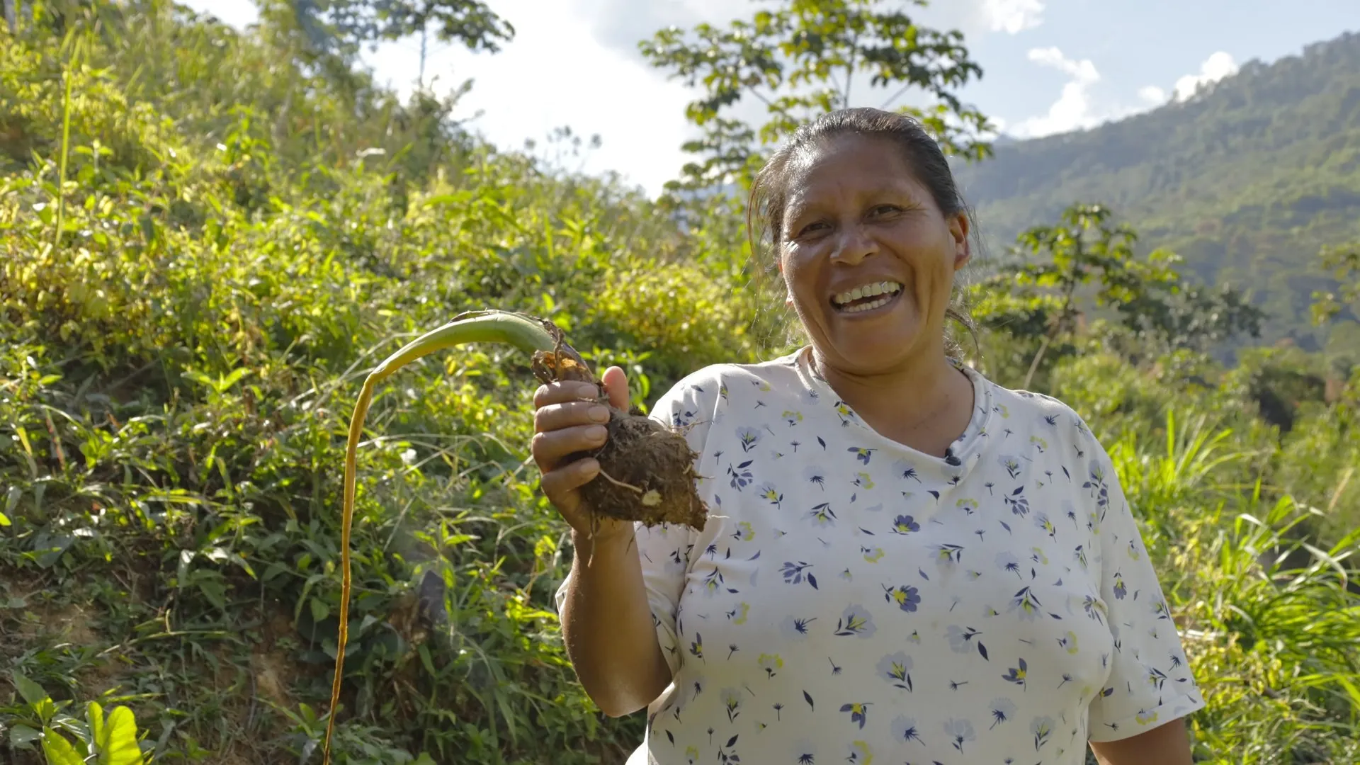 A smiling woman on a green forest hillside holds a plant with its roots, with mountains behind her