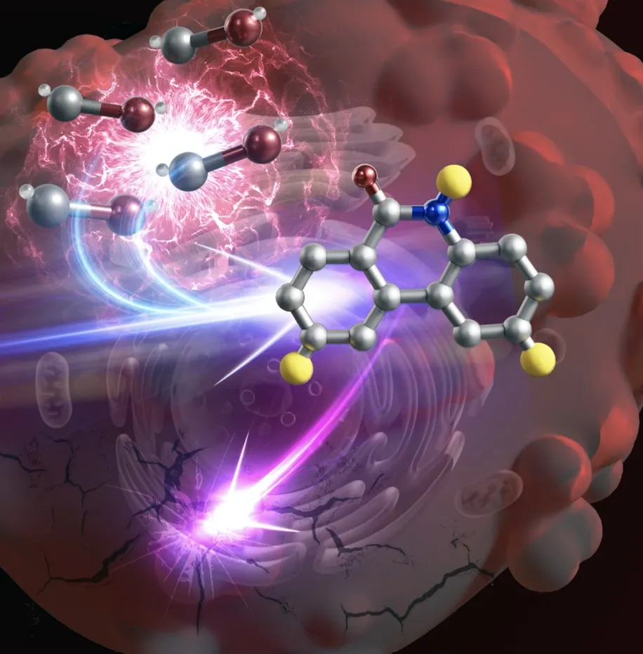 3D illustration of a reddish tumour cell: carbon monoxide molecules turn, in a flash of light, into a drug molecule