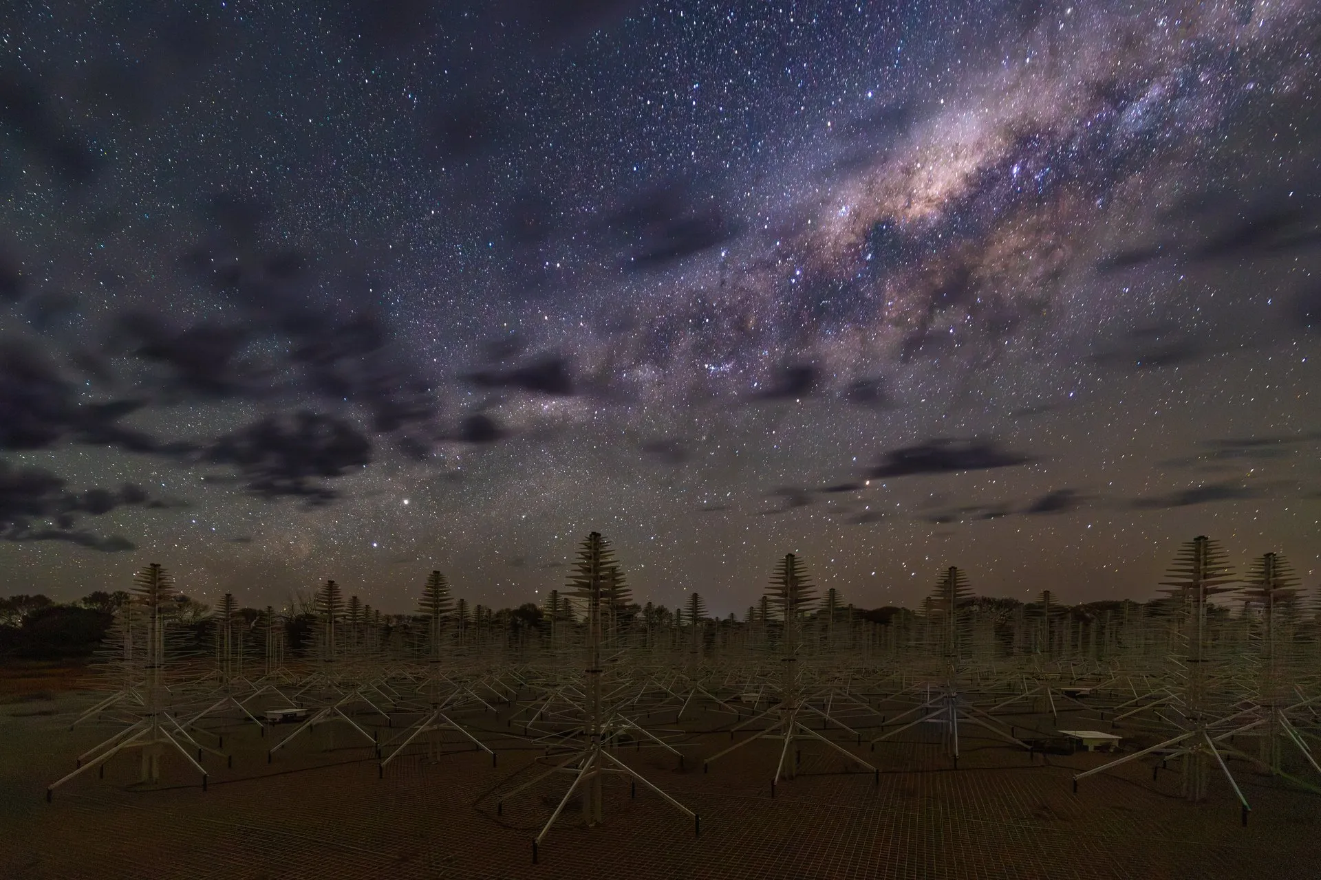 Dozens of tree-shaped metal antennas in a reddish field under a night sky with the Milky Way