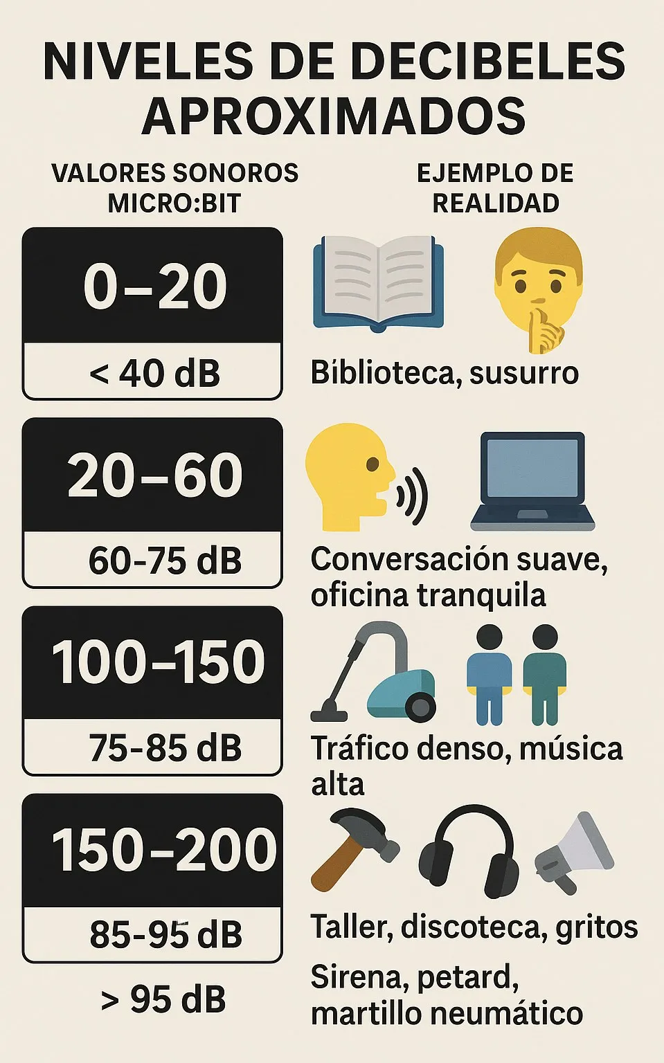 A table showing the micro:bit sound meter readings and their approximate equivalent in decibels, with examples such as a library, a conversation or traffic