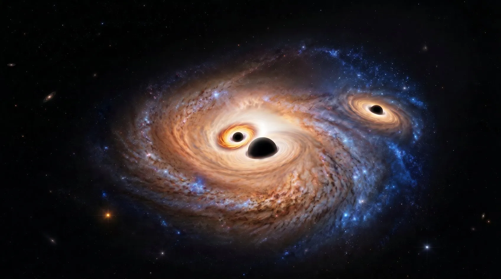 Illustration of an orange and blue spiral galaxy with three black spheres surrounded by bright disks, two in the centre and one further out