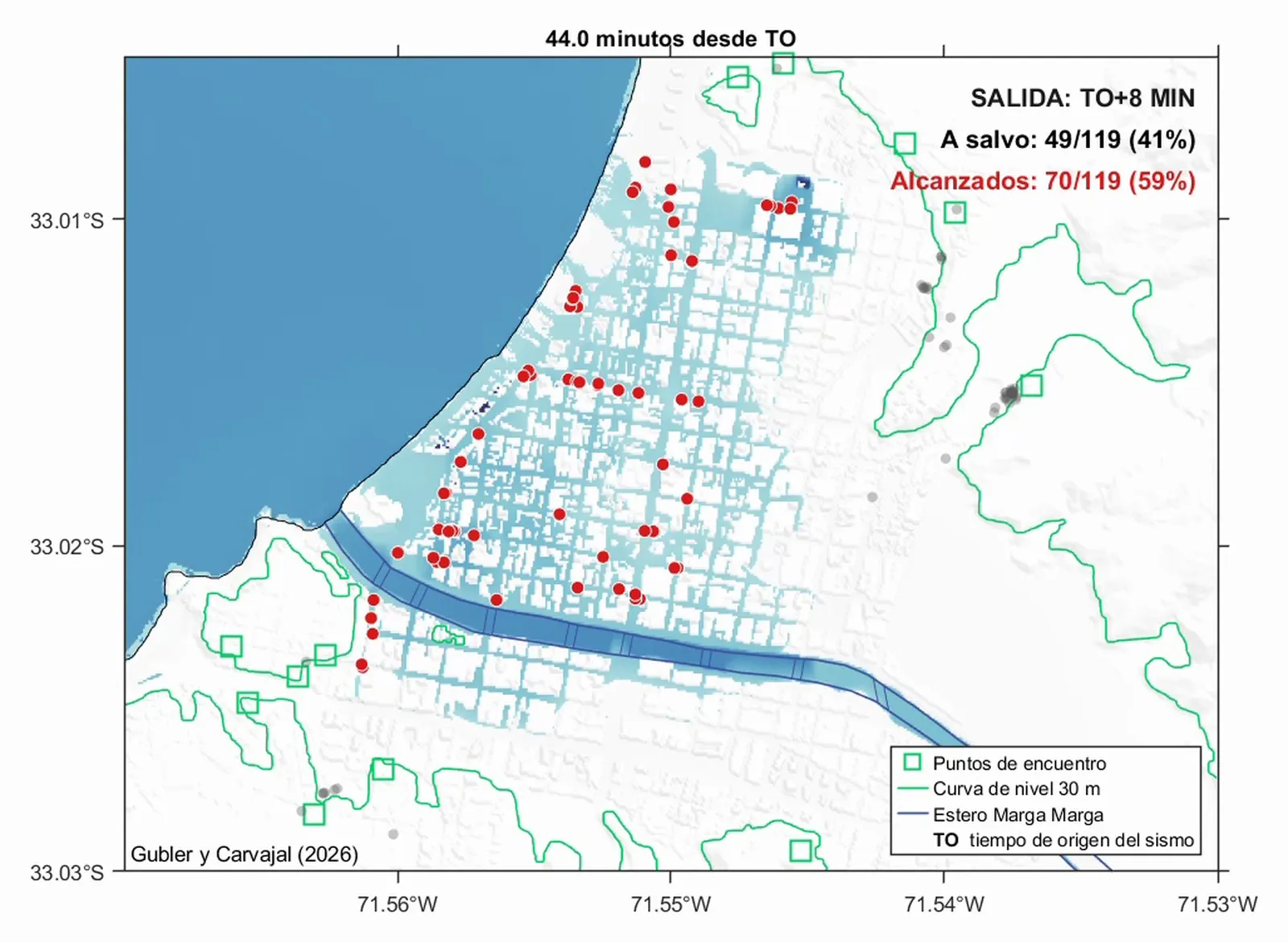 Map of central Viña del Mar flooded by a simulated tsunami, with red dots where the water reaches people who left 8 minutes after the earthquake and green squares at the meeting points